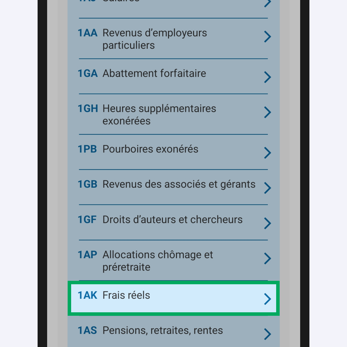Capture d’écran partielle de l’application présentant
                    la page « Ajouter un revenu » du service « Déclarer mes revenus ». Le code « 1AK - Frais réels » est encadré