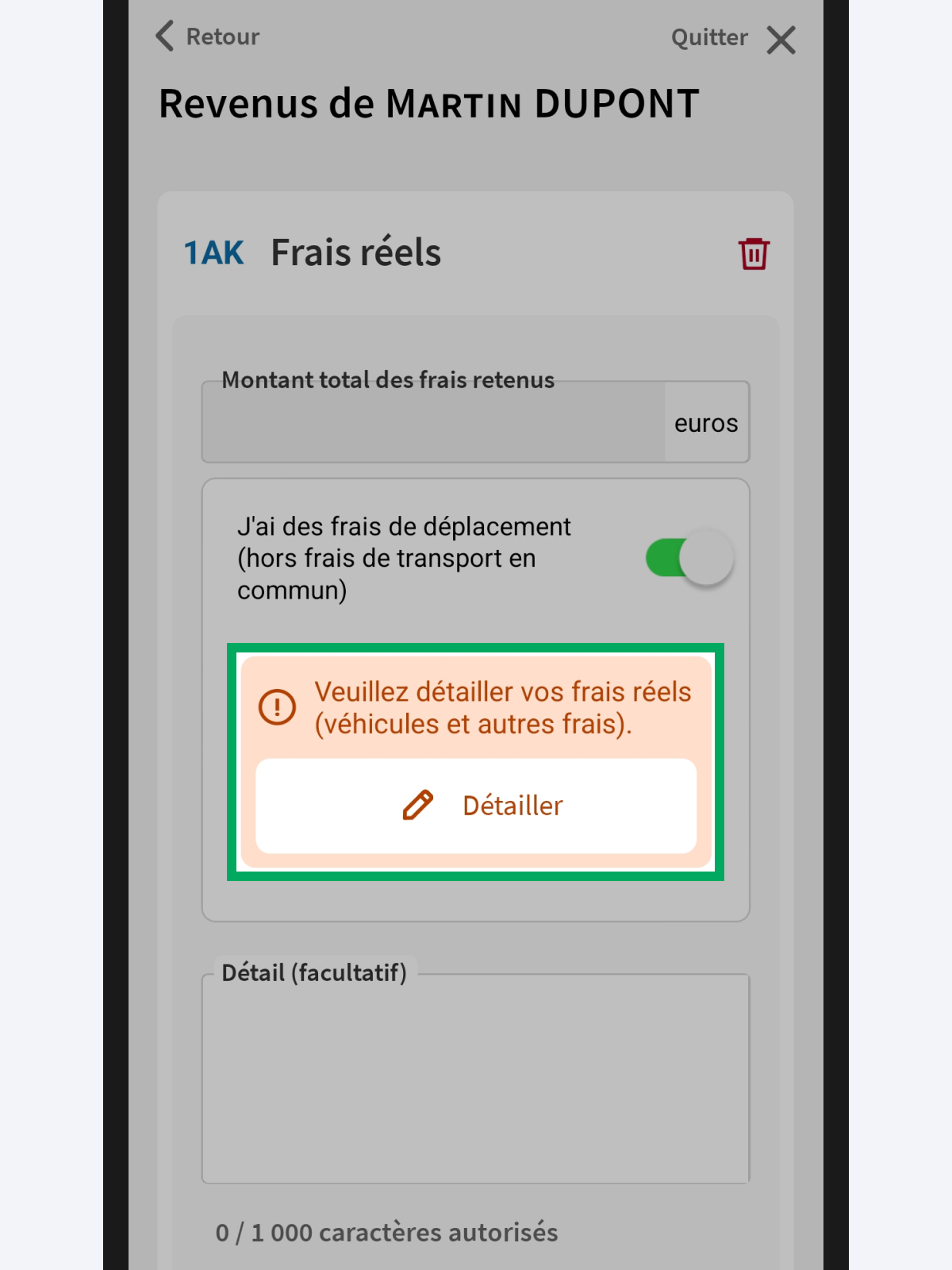 Capture d’écran partielle de l’application présentant la case « 1AK - Frais réels » sur la page
                    « Revenus de Martin DUPONT » en mode modification. Le bouton « Détailler » est encadré.