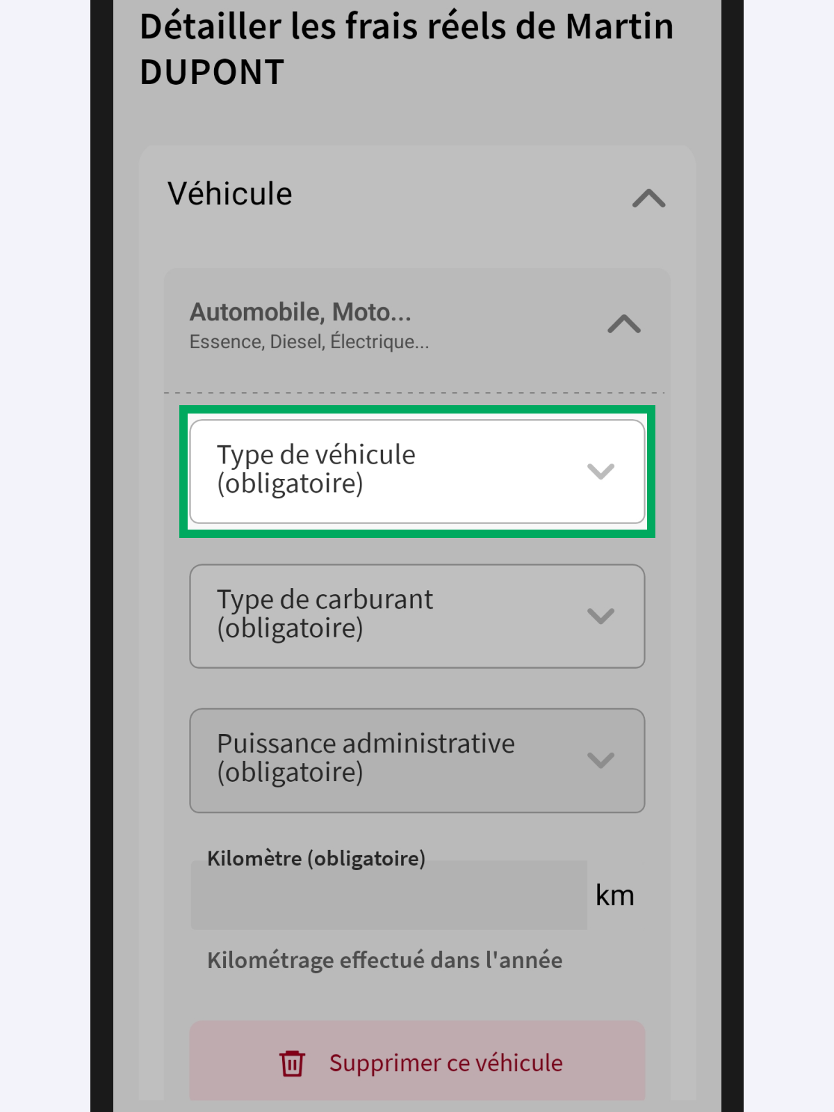 Capture d’écran partielle de l’application présentant
                                la page « Détailler les frais réels de Martin DUPONT ». Dans le bloc « Véhicule », puis dans le bloc du véhicule ajouté, la liste déroulante « Type de véhicule » est encadré.