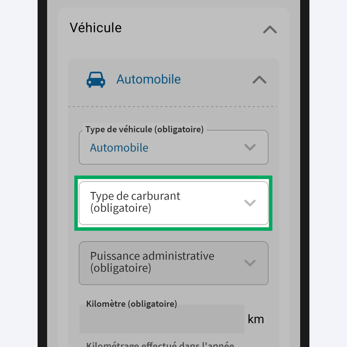 Capture d’écran partielle de l’application présentant
                                la page « Détailler les frais réels de Martin DUPONT ». Dans le bloc « Véhicule », puis dans le bloc du véhicule ajouté, la liste déroulante « Type de carburant » est encadré.