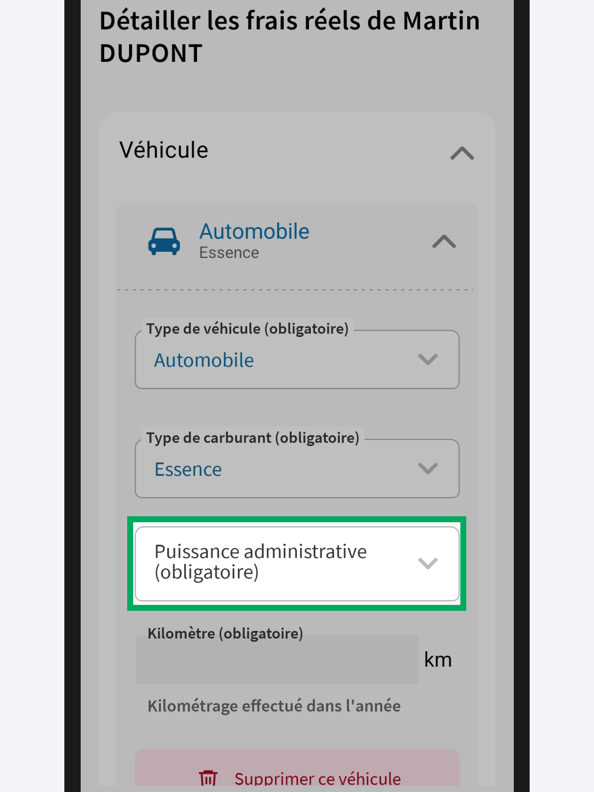 Capture d’écran partielle de l’application présentant
                                la page « Détailler les frais réels de Martin DUPONT ». Dans le bloc « Véhicule », puis dans le bloc du véhicule ajouté, la liste déroulante « Puissance administrative » est encadrée.