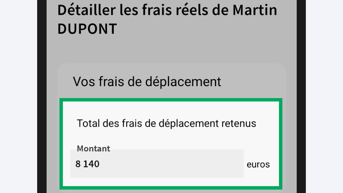 Capture d’écran partielle de l’application présentant
                    la page « Détailler les frais réels de Martin DUPONT ». Dans le bloc « Vos frais de déplacement », le champ « Total des frais de déplacement retenus » est encadré avec le montant pré-rempli par le calcul automatique réalisé.