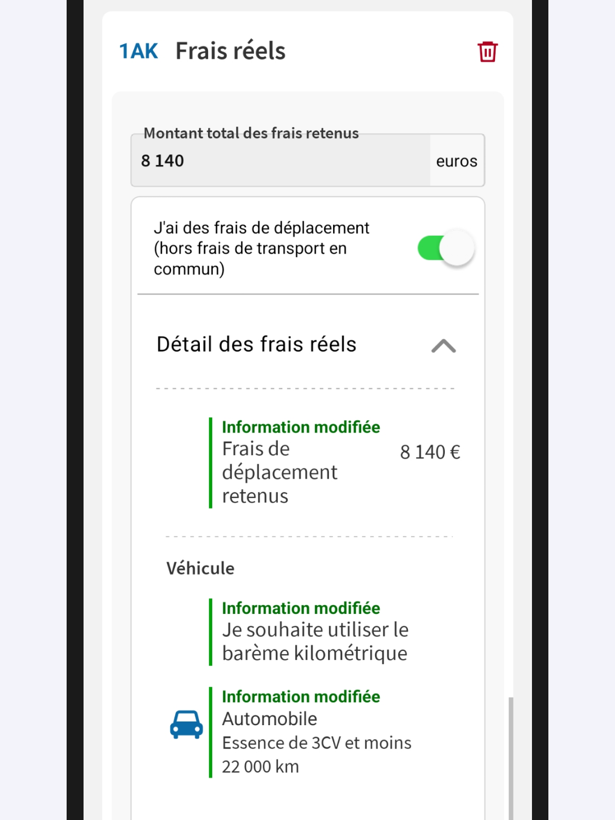 Capture d’écran partielle de l’application présentant la case « 1AK - Frais réels » sur la page
                    « Revenus de Martin DUPONT », en mode modifié avec les informations saisies en mode modifiées.