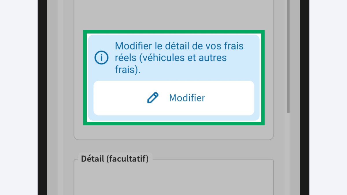 Capture d’écran partielle de l’application présentant la case « 1AK - Frais réels » sur la page
                    « Revenus de Martin DUPONT », en mode modifié avec le bouton « Modifier » encadré.
