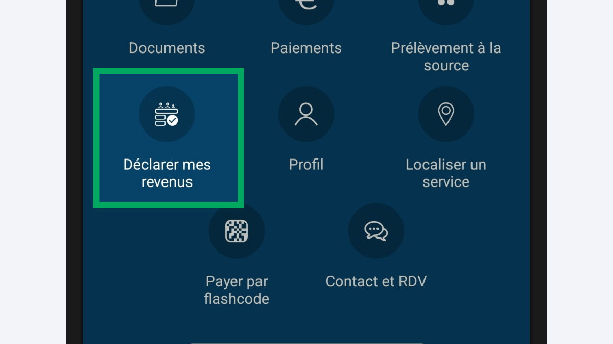 Capture d’écran partielle de l’application présentant
                    la page d’accueil après authentification. L’icône « Déclarer mes revenus » est encadrée, à côté des autres icônes des services