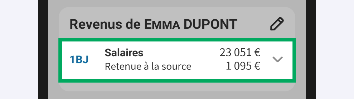 Capture d’écran partielle de l’application présentant
                    la rubrique des revenus du déclarant 2, sur la page « Revenus » du service « Déclarer mes revenus ». Le revenu « 1BJ » correspondant aux salaires du déclarant 2 est encadré