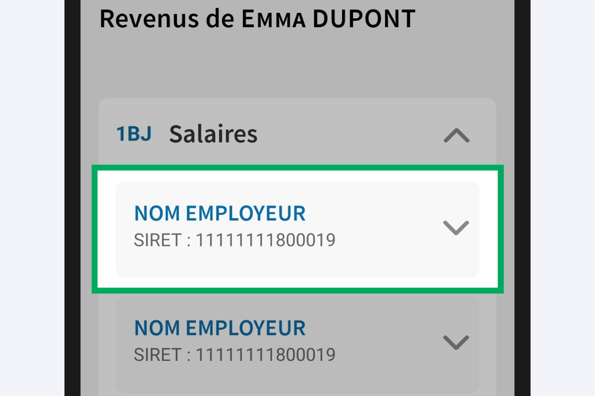 Capture d’écran partielle de l’application présentant
                    la rubrique « Revenus du déclarant 2 » en mode modification. Le premier bulletin du collecteur « NOM EMPLOYEUR » est encadré