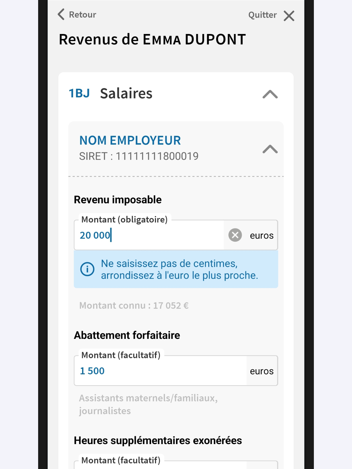 Capture d’écran partielle de l’application présentant
                    la rubrique « Revenus du déclarant 2 » en mode modification. Le premier bulletin du collecteur « NOM EMPLOYEUR » est affiché à l'état ouvert