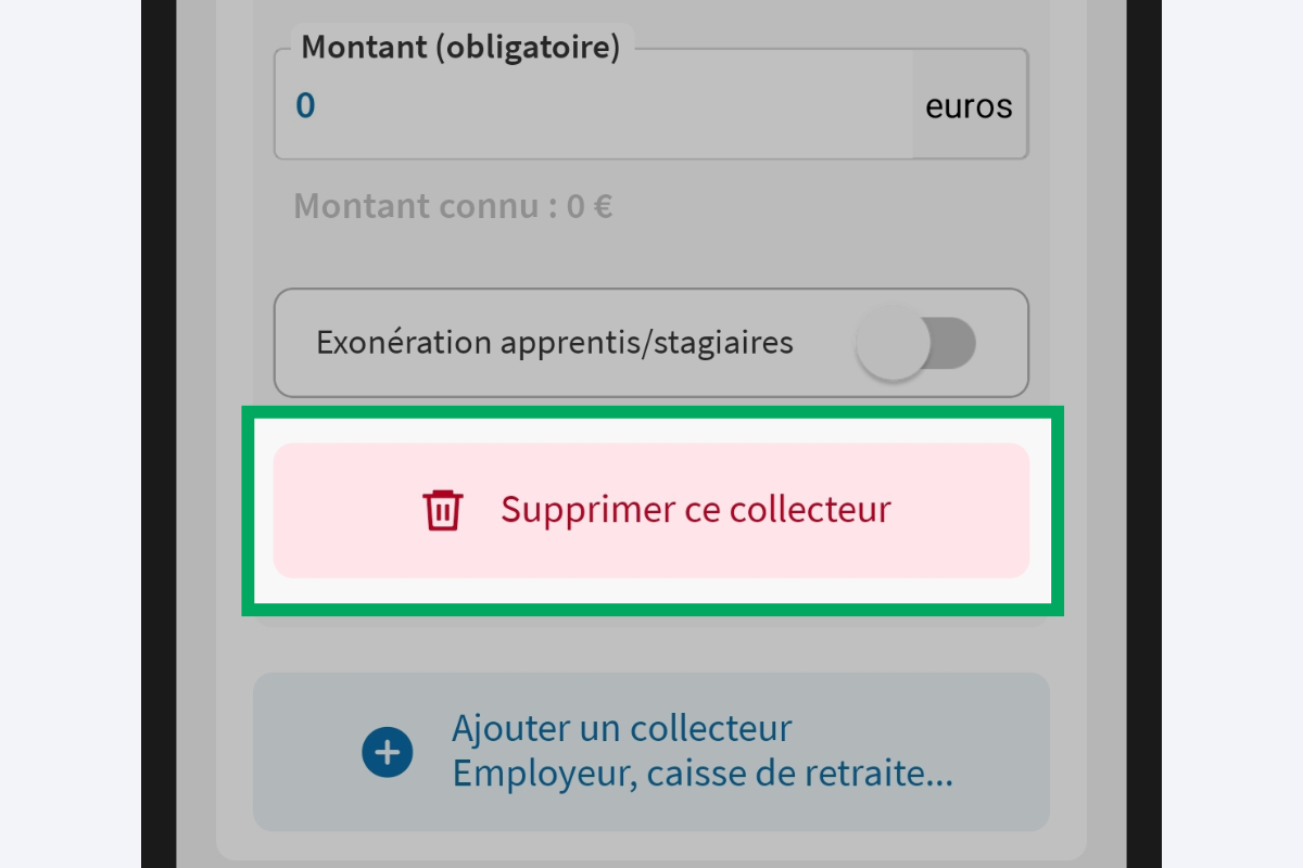 Capture d’écran partielle de l’application présentant
                    la rubrique « Revenus du déclarant 2 » en mode modification. Le bulletin du collecteur « NOM EMPLOYEUR » est affiché à l'état ouvert et le bouton « Supprimer ce collecteur » est encadré