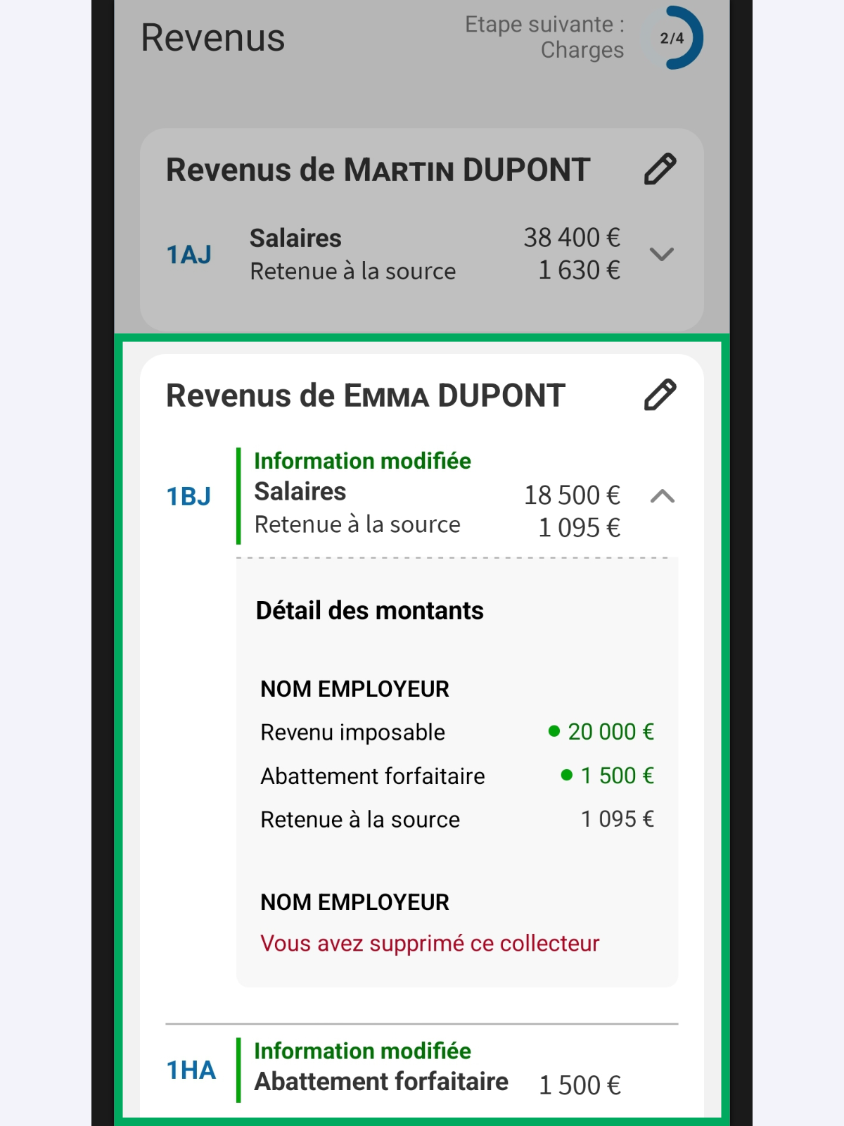 Capture d’écran partielle de l’application présentant
                    la page « Revenus » du service « Déclarer mes revenus ». Les salaires du déclarant 2 (code 1BJ) sont indiqués comme « Information modifiée » et sont encadrés