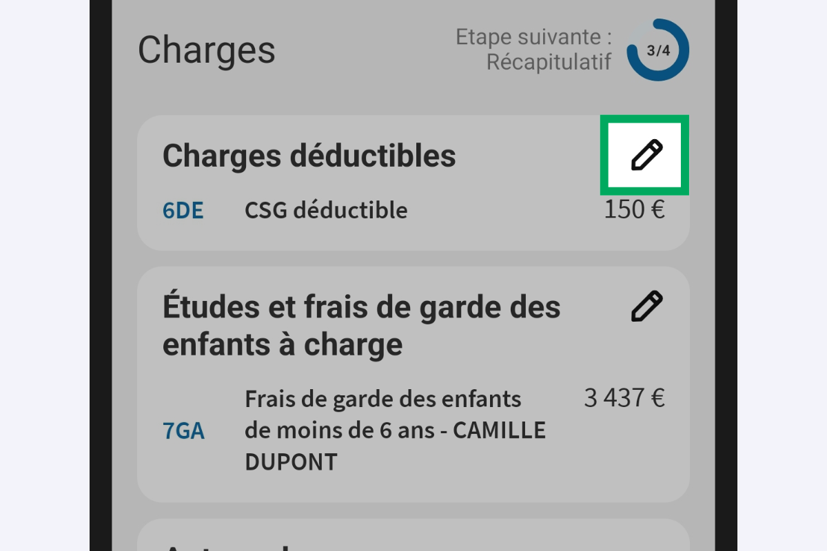 Capture d’écran partielle de l’application présentant
                    la page « Charges » du service « Déclarer mes revenus ». L'icône « crayon » de la rubrique « Charges déductibles » est encadrée