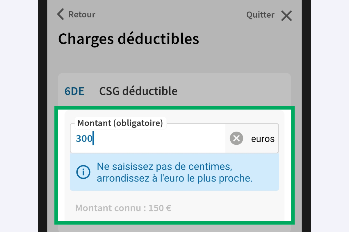 Capture d’écran partielle de l’application présentant
                    la rubrique « Charges déductibles » en mode modification. Le code « 6DE-CSG déductible » est encadré