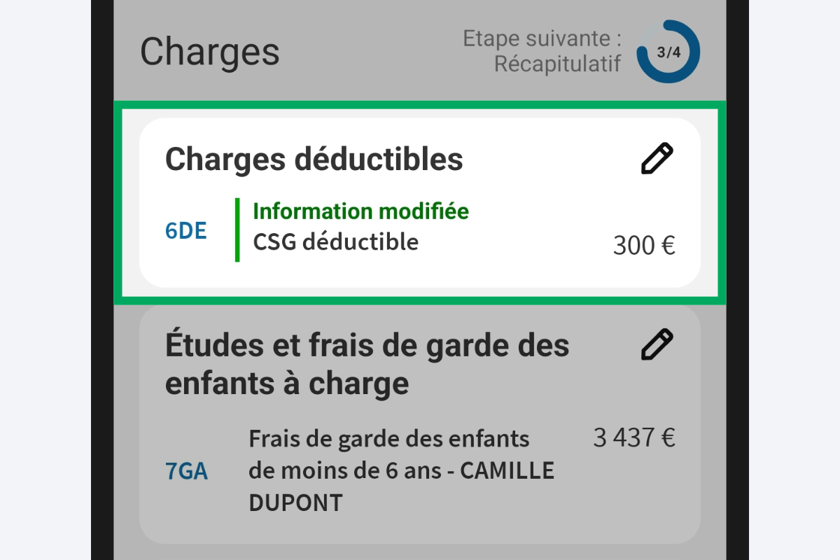 Capture d’écran partielle de l’application présentant
                    la page « Charges » du service « Déclarer mes revenus ». Le code « 6DE-CSG déductible » est indiqué comme « information modifiée » et est encadré