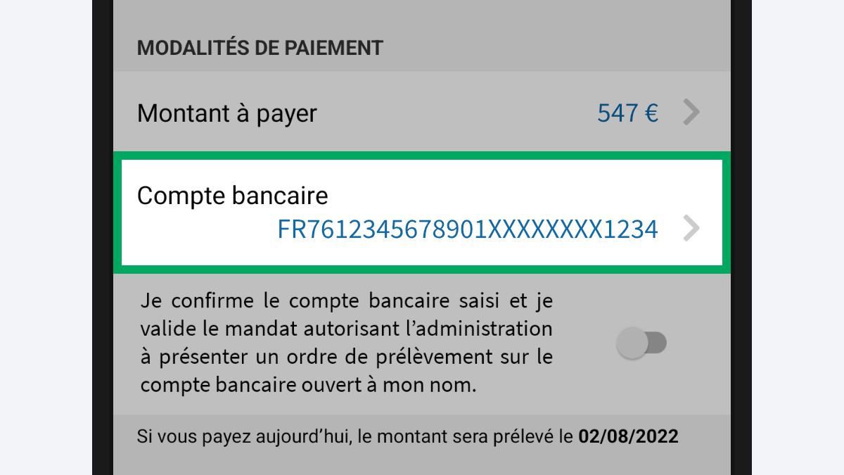 Capture d’écran partielle de l’application présentant le cadre « Modalités de paiement » d’une facture. La ligne « Compte bancaire » est encadrée.
