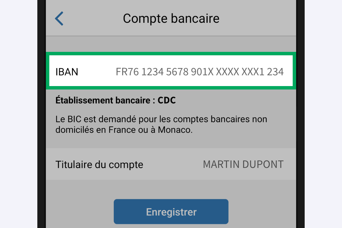 Capture d’écran de la page « Compte bancaire ». La ligne « IBAN » est encadrée.