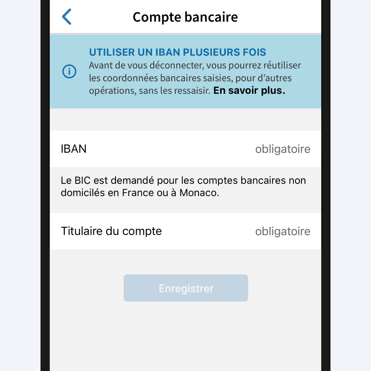 Capture d’écran de la page « Compte bancaire ».
