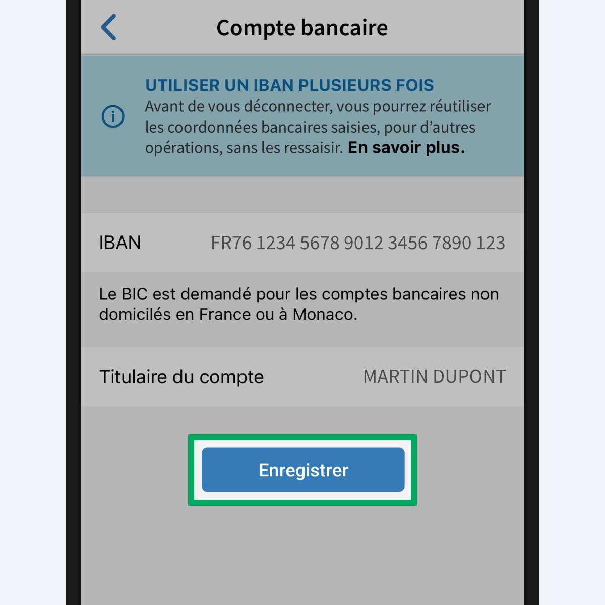 Capture d’écran de la page « Compte bancaire ». Le bouton « Enregistrer » est encadré.