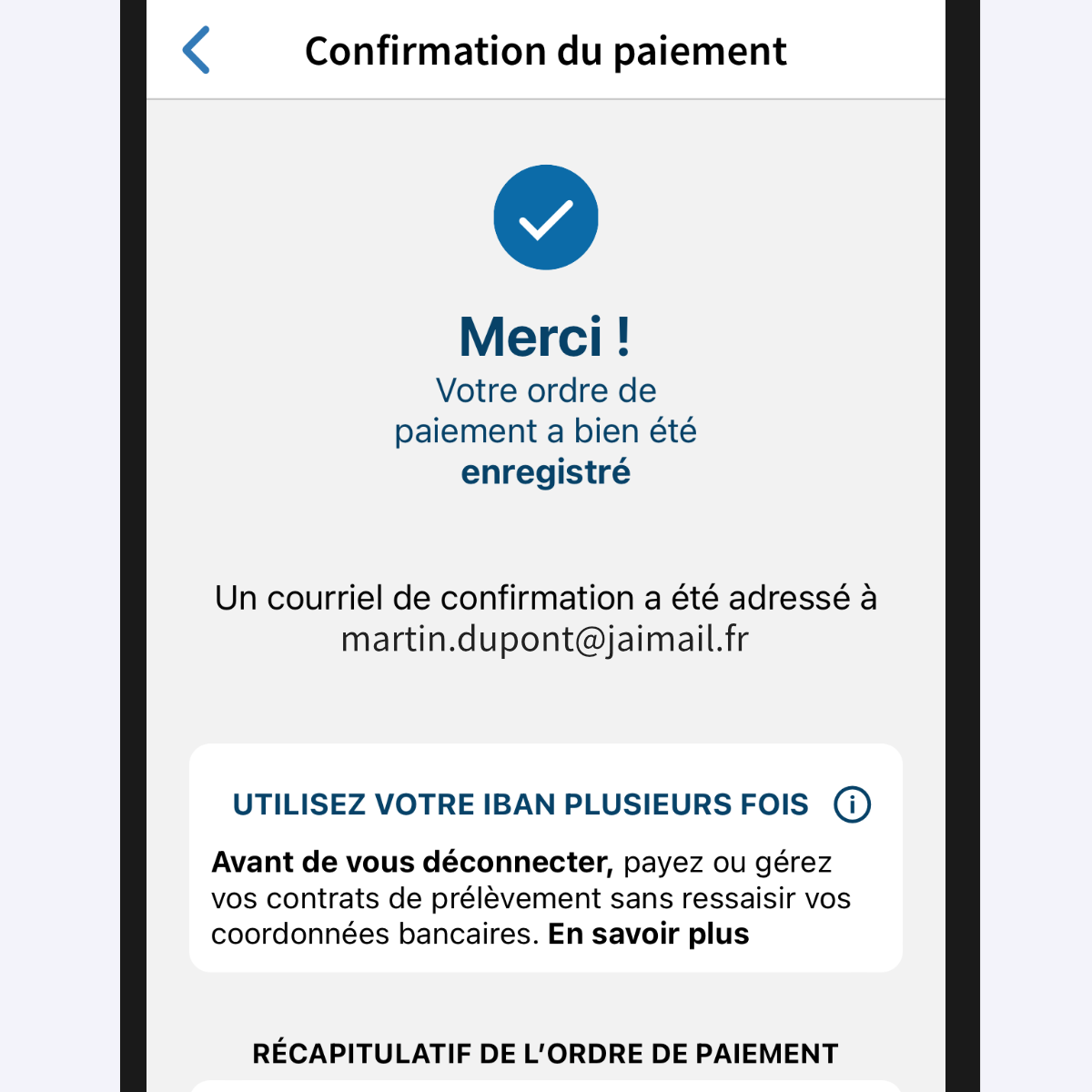 Capture d’écran de la page de confirmation (ici « Confirmation de paiement »).