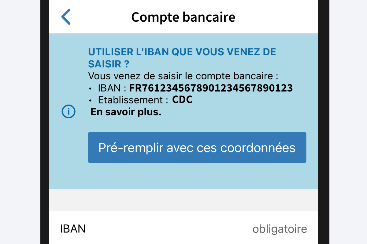 Capture d’écran partielle de la page « Compte bancaire » comprenant un bandeau d’information intitulé « Utiliser l’IBAN que vous venez de saisir ? ».