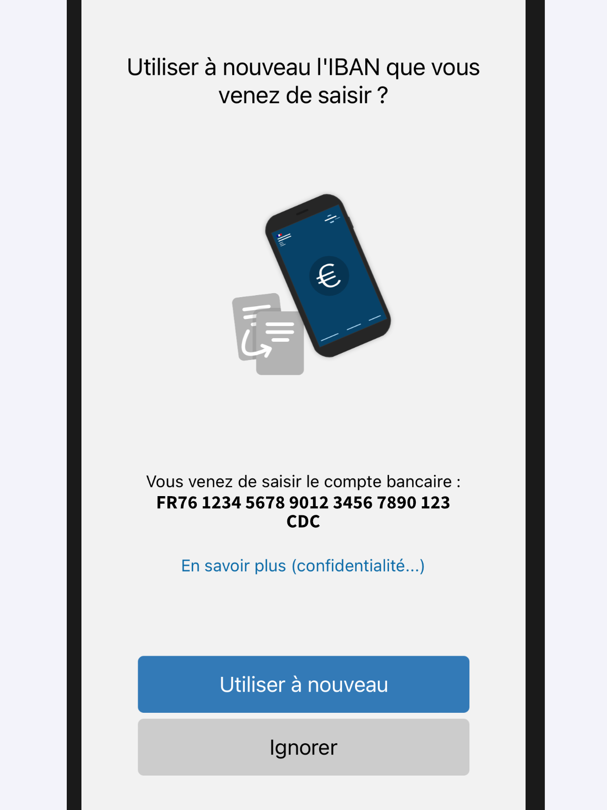 Capture d’écran de la page « Utiliser l’IBAN que vous venez de saisir ? ».