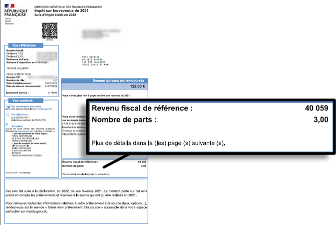 illustration de la position du revenu fiscal de référence et du nombre de parts sur l'avis d'impôt sur le revenu