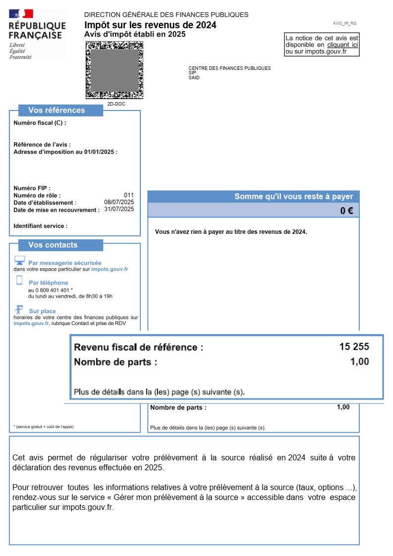 Illustration de la position du revenu fiscal de référence et du nombre de parts sur l'avis d'impôt